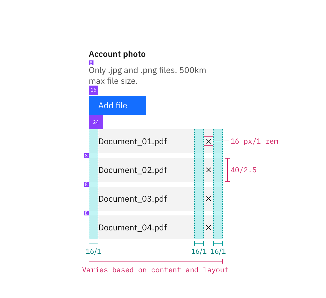 Structure and spacing measurements for file uploader